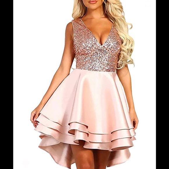 multi layer skater dress Heart Broken Pink Gold Sequin Multi Layer Skater Dress